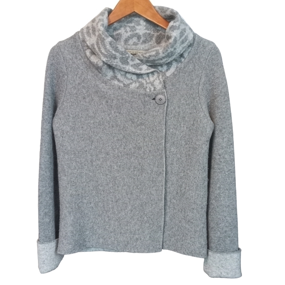 Chiaramente Wool Blend Aminal Print Shawl Neck Wrap Sweater Top Gray Size Small